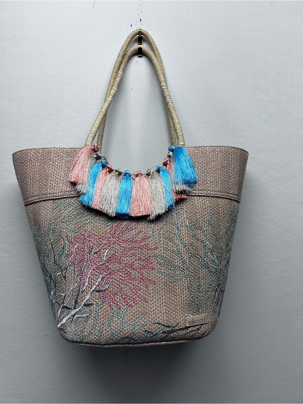 Sakroots Pink, Blue & Cream Embroidered Tassel Tote